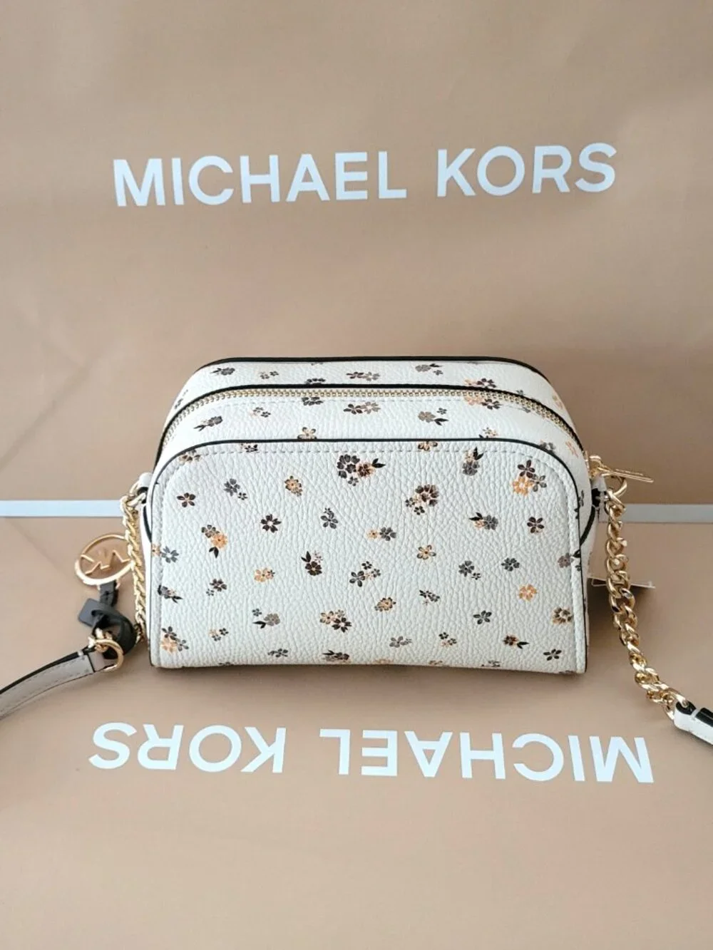 Michael Kors Ashton Extra Small XS Camera Floral Print Crossbody Light Cream Bag